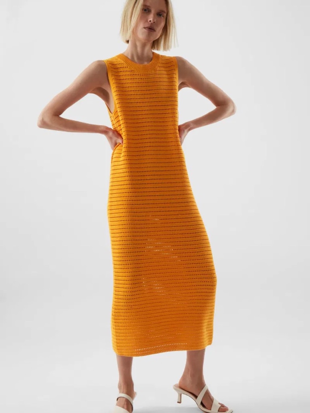 Sleeveless Orange Open Knit Midi Dress 🍊